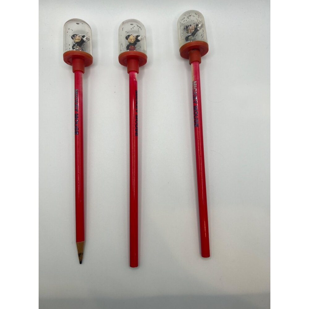 VTG Mickey Mouse Snow Globe Pencil Topper W Pencil‎ Applause Set of 3 Disneyana